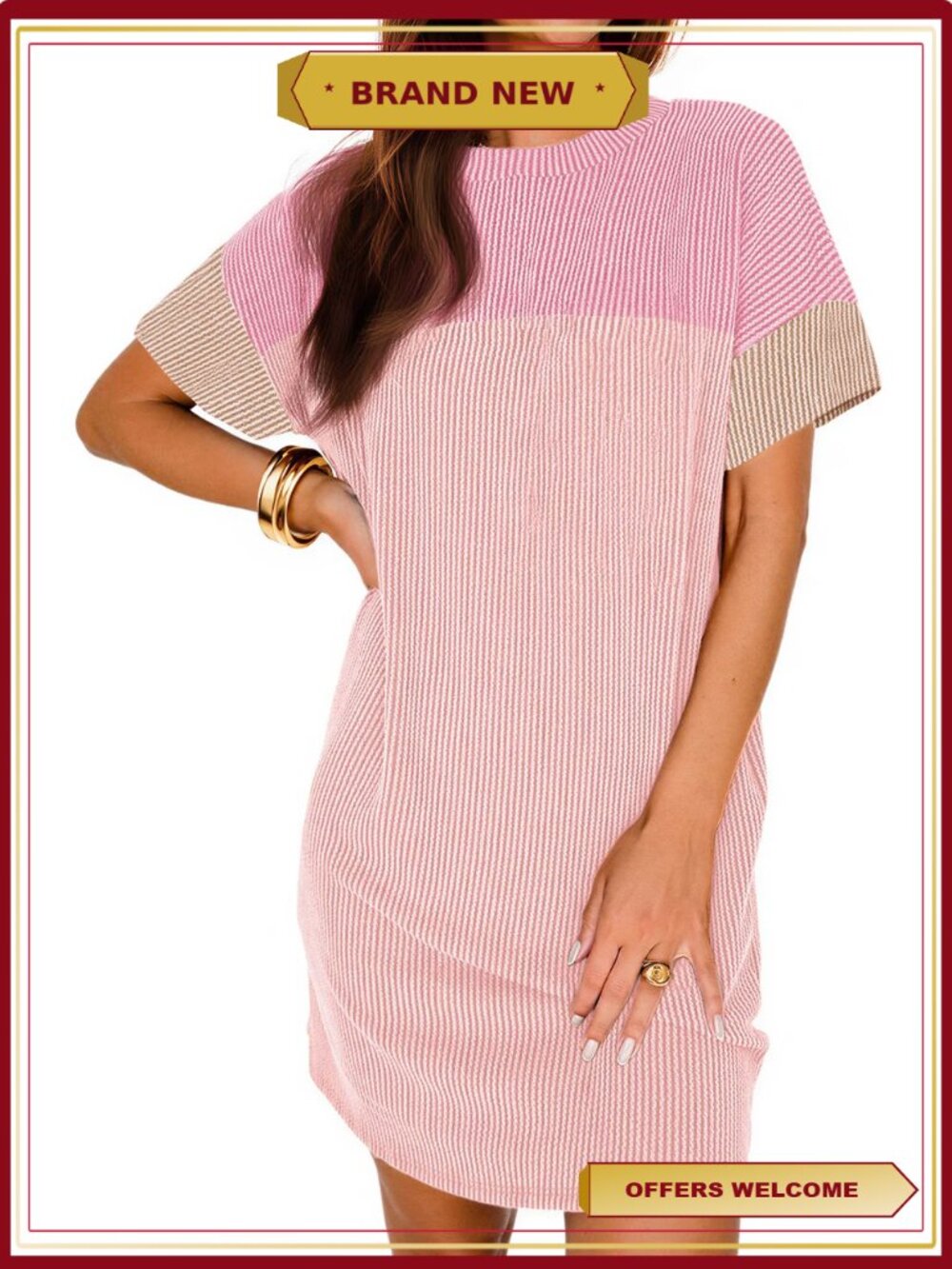 Womens Summer Color Block T Shirt Dress Ribbed Short Sleeve Crewneck with